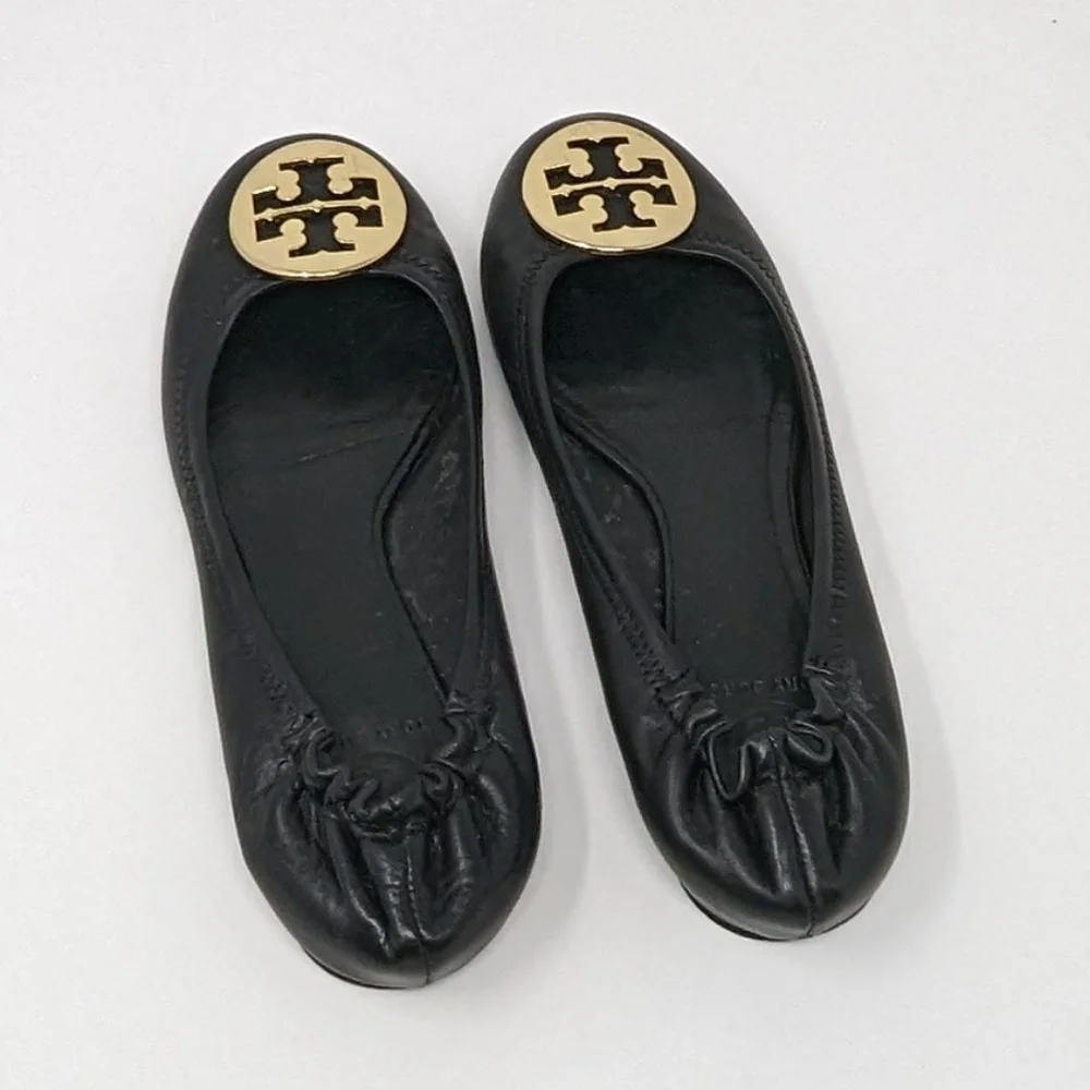 Tory Burch Women Leather Round Toe Classic Reva Ballet Flat Black Gold L…